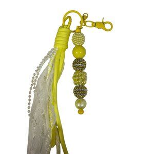 Yellow Beaded Tassel Keychain With White Lace & Faux Pearls